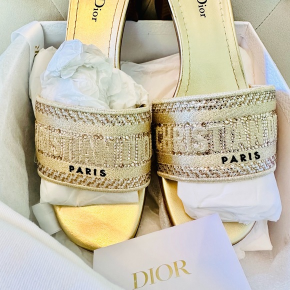 DIOR Dway Heeled SlideGold-Tone with Metallic Thread Strass 62k gold siz… - Picture 10 of 14